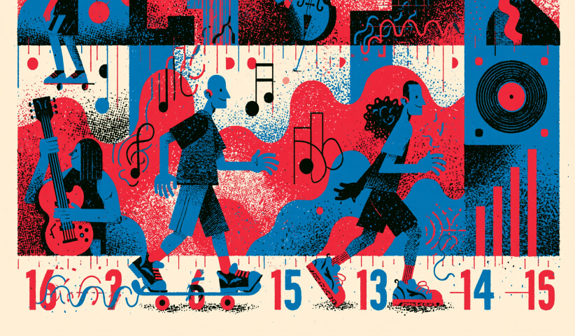 Dynamic illustration of musicians, movement, and visual rhythms, demonstrating how artistic directors shape the creative identity and visual storytelling of cultural and entertainment projects.