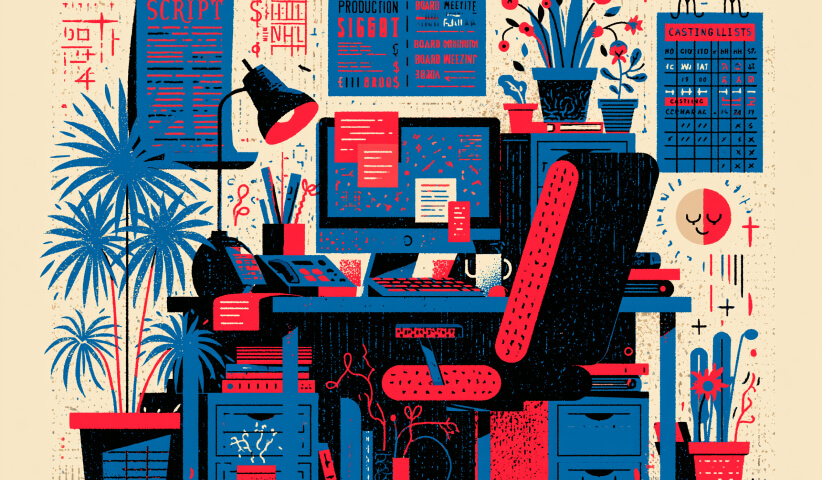 Creative workspace filled with schedules, production notes, and design tools, showcasing the organizational and project management responsibilities of an artistic director.