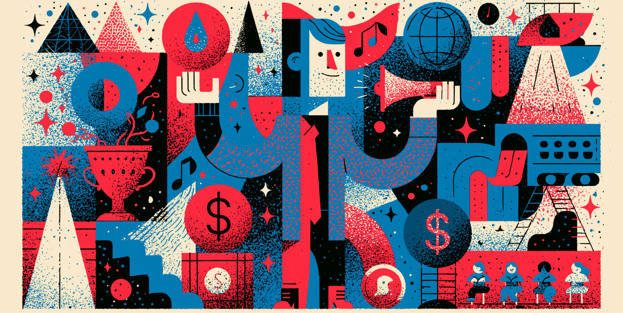Conceptual illustration combining achievement symbols, media elements, and creative icons, reflecting the diverse skills, career growth, and leadership qualities required of successful artistic directors.