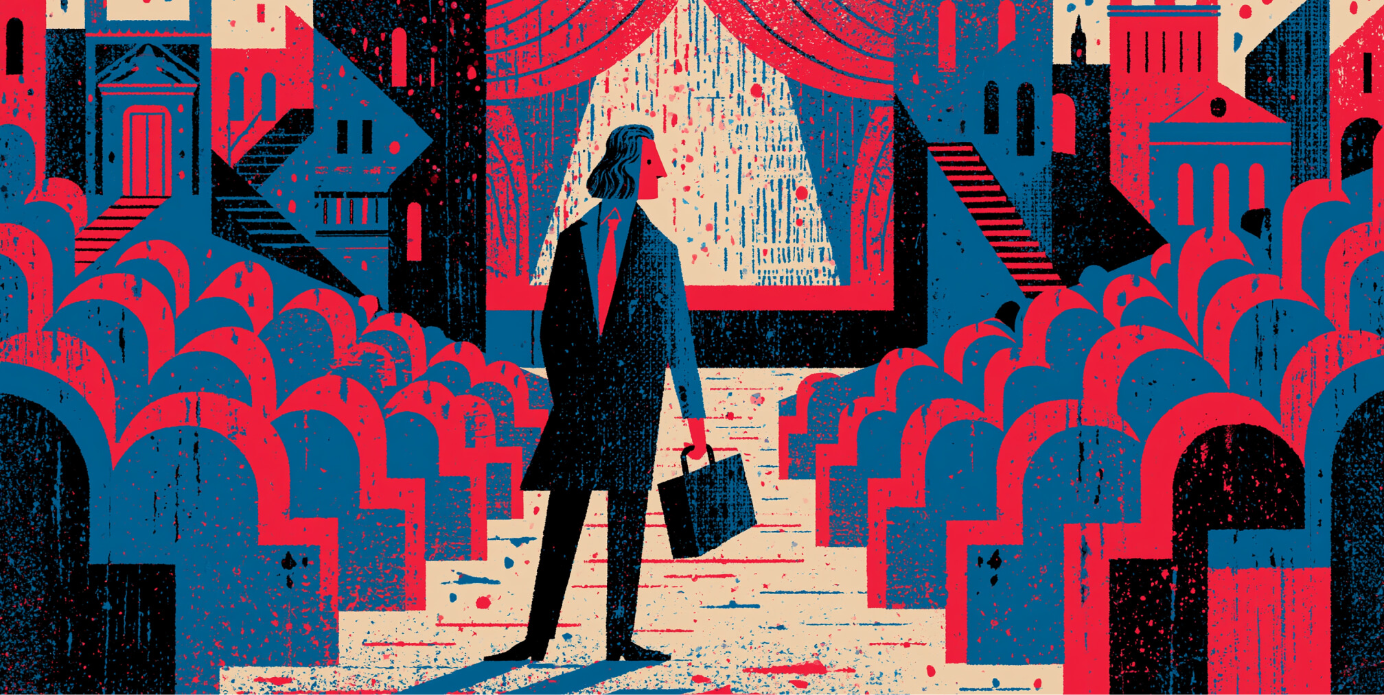 Artistic director standing before a stage and audience in a theatrical setting, symbolizing creative leadership, vision development, and the responsibility of guiding major artistic productions from concept to execution.