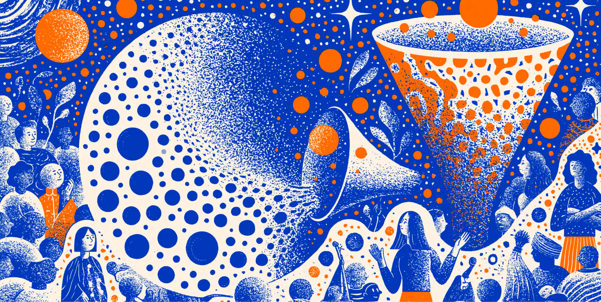 Conceptual illustration of a large audience, megaphone, and funnel transforming ideas into influence, symbolizing how a Chief Creative Officer shapes brand vision, audience engagement, and creative strategy at scale.