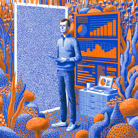 Stylized professional standing beside performance dashboards and analytics, representing the strategic leadership and business-minded decision-making expected from a Chief Creative Officer.