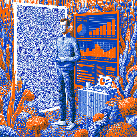 Stylized professional standing beside performance dashboards and analytics, representing the strategic leadership and business-minded decision-making expected from a Chief Creative Officer.