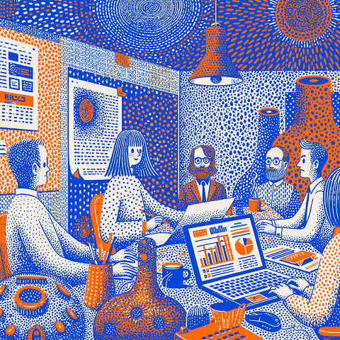 Team of professionals collaborating around data visualizations and project discussions, highlighting the cross-functional leadership role of a Chief Creative Officer within creative organizations.