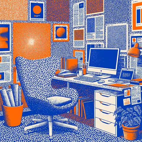 Creative workspace filled with reports, design materials, and digital tools, illustrating the blend of creativity, research, and planning involved in leading brand and marketing initiatives.