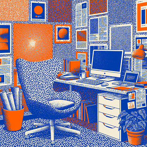 Creative workspace filled with reports, design materials, and digital tools, illustrating the blend of creativity, research, and planning involved in leading brand and marketing initiatives.