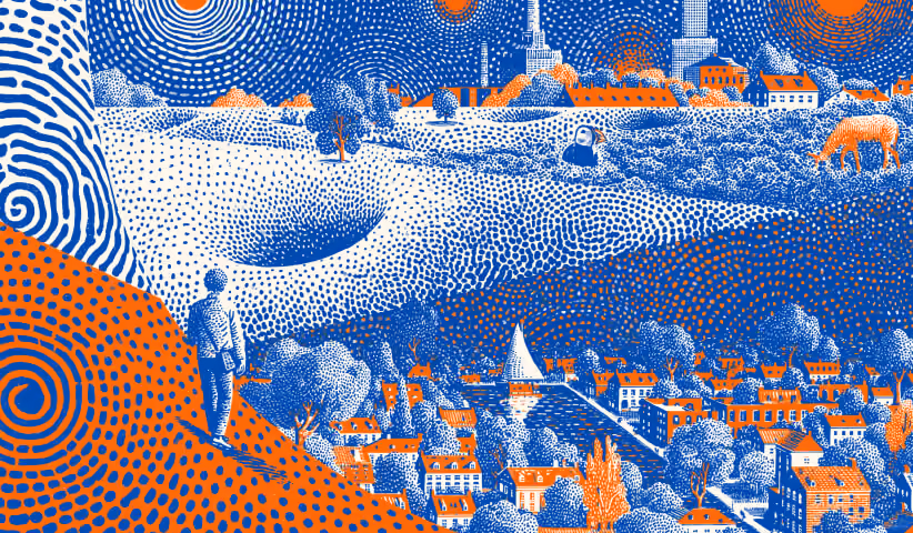 Individual working in a creative outdoor environment surrounded by design tools and technology, illustrating innovation, ideation, and strategic thinking in creative leadership.
