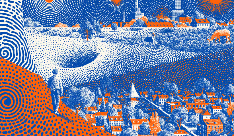 Individual working in a creative outdoor environment surrounded by design tools and technology, illustrating innovation, ideation, and strategic thinking in creative leadership.