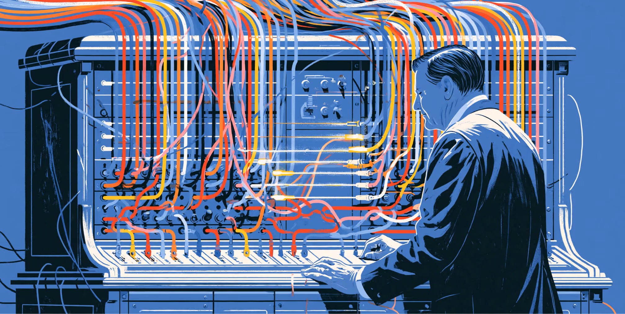 Conceptual illustration of a professional managing a complex network of creative workflows and interconnected systems, representing the strategic oversight and leadership responsibilities of a Director of Creative.