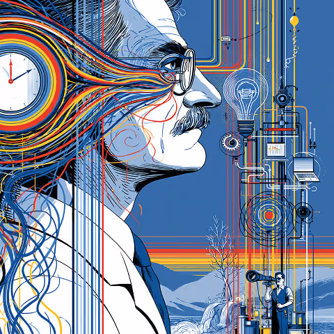 Abstract portrait with flowing streams of ideas, technology, and innovation, illustrating the blend of creativity, strategic thinking, and problem-solving required in creative leadership roles.