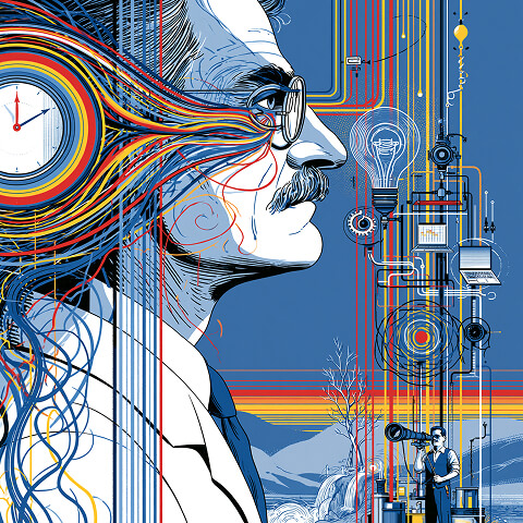 Abstract portrait with flowing streams of ideas, technology, and innovation, illustrating the blend of creativity, strategic thinking, and problem-solving required in creative leadership roles.