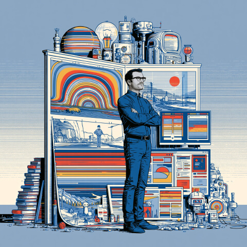 Creative leader standing before a collection of visual projects, digital assets, and design outputs, symbolizing the role of a Director of Creative in shaping and guiding creative vision across multiple initiatives.