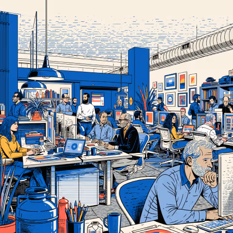 Collaborative office environment filled with designers, strategists, and project teams, highlighting the Director of Creative’s role in managing cross-functional collaboration and creative execution.