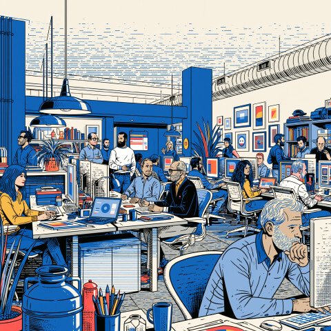 Collaborative office environment filled with designers, strategists, and project teams, highlighting the Director of Creative’s role in managing cross-functional collaboration and creative execution.