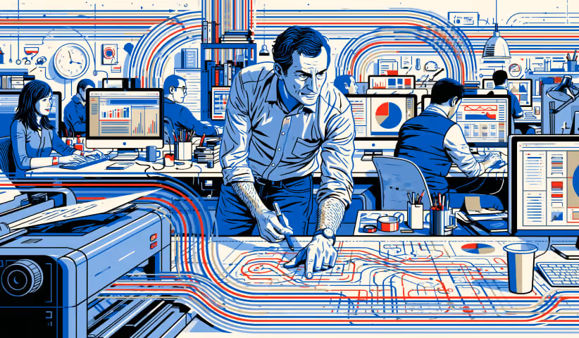 Creative director reviewing plans while guiding a team in a modern studio environment, symbolizing leadership, project oversight, and alignment between creative ideas and business objectives.