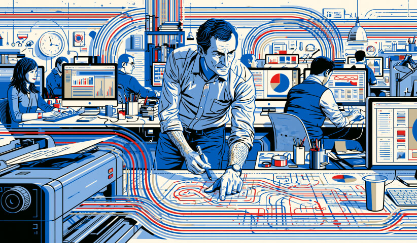 Creative director reviewing plans while guiding a team in a modern studio environment, symbolizing leadership, project oversight, and alignment between creative ideas and business objectives.