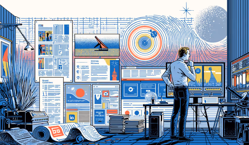 Professional evaluating brand assets, campaign materials, and performance data, illustrating strategic decision-making and quality control within creative departments.