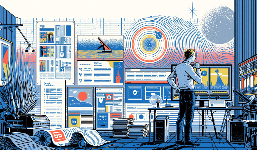 Professional evaluating brand assets, campaign materials, and performance data, illustrating strategic decision-making and quality control within creative departments.