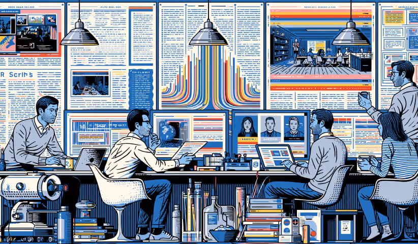 Team of specialists collaborating around technology and creative systems, representing the communication, mentorship, and coordination skills required of a Director of Creative.