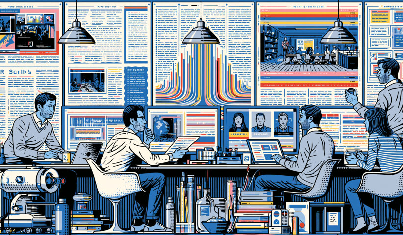 Team of specialists collaborating around technology and creative systems, representing the communication, mentorship, and coordination skills required of a Director of Creative.