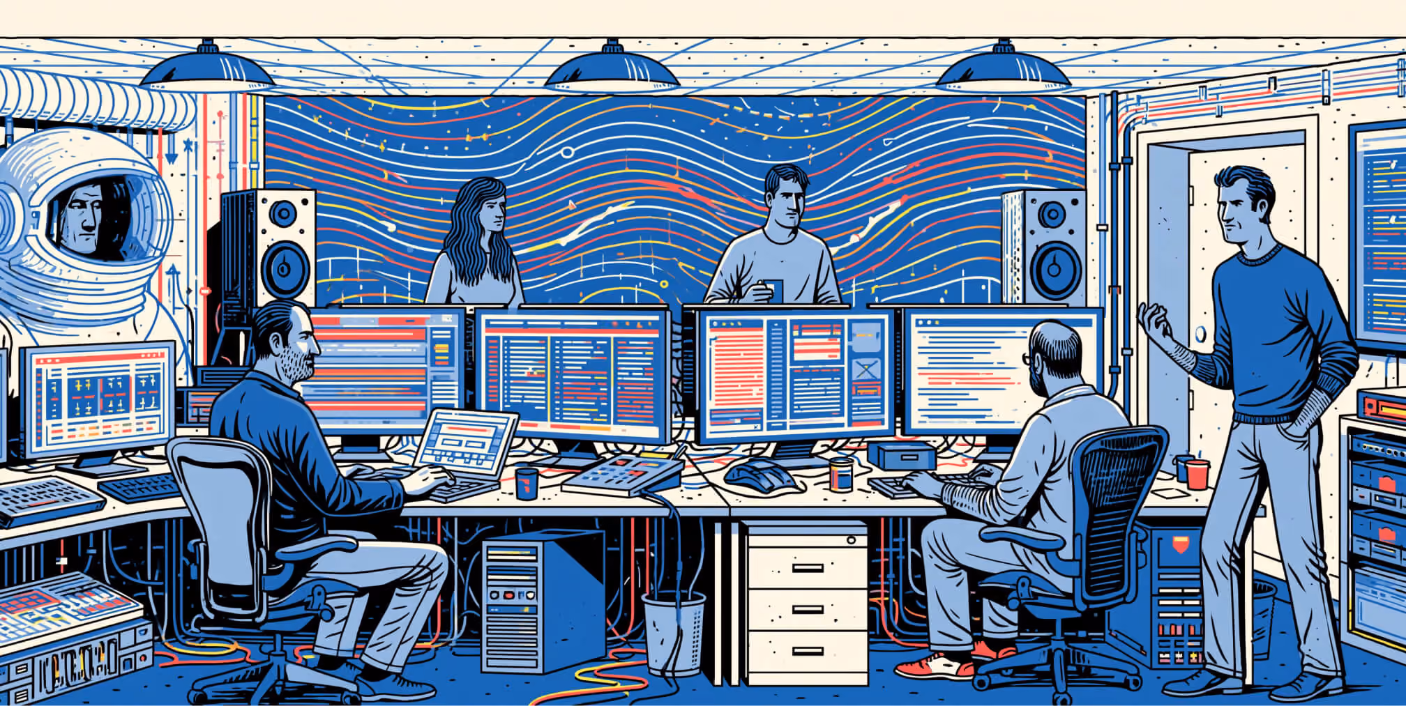 Creative team gathered around screens displaying content, presentations, and design work, highlighting the importance of feedback, collaboration, and creative direction in managing large-scale projects.