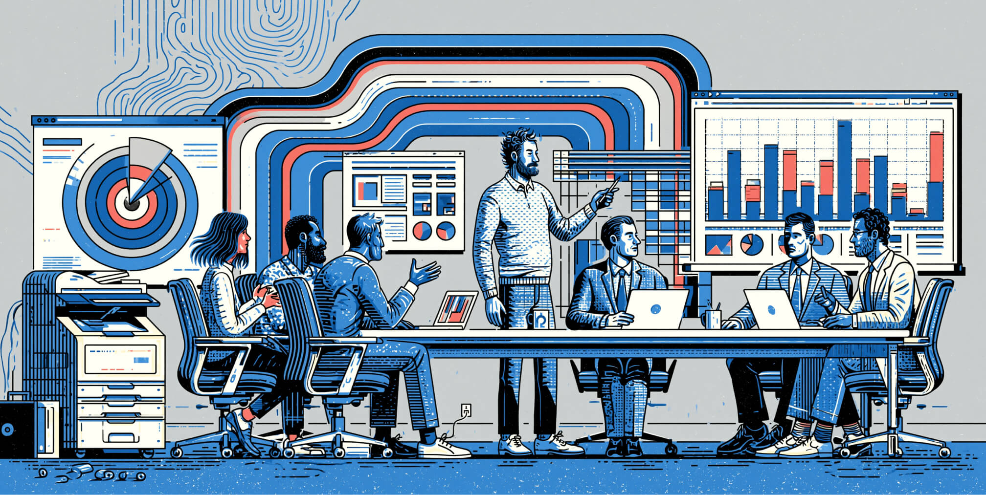 Creative leader presenting strategy and performance insights to a multidisciplinary team, symbolizing leadership, vision setting, and the ability to align creative efforts with measurable business goals.