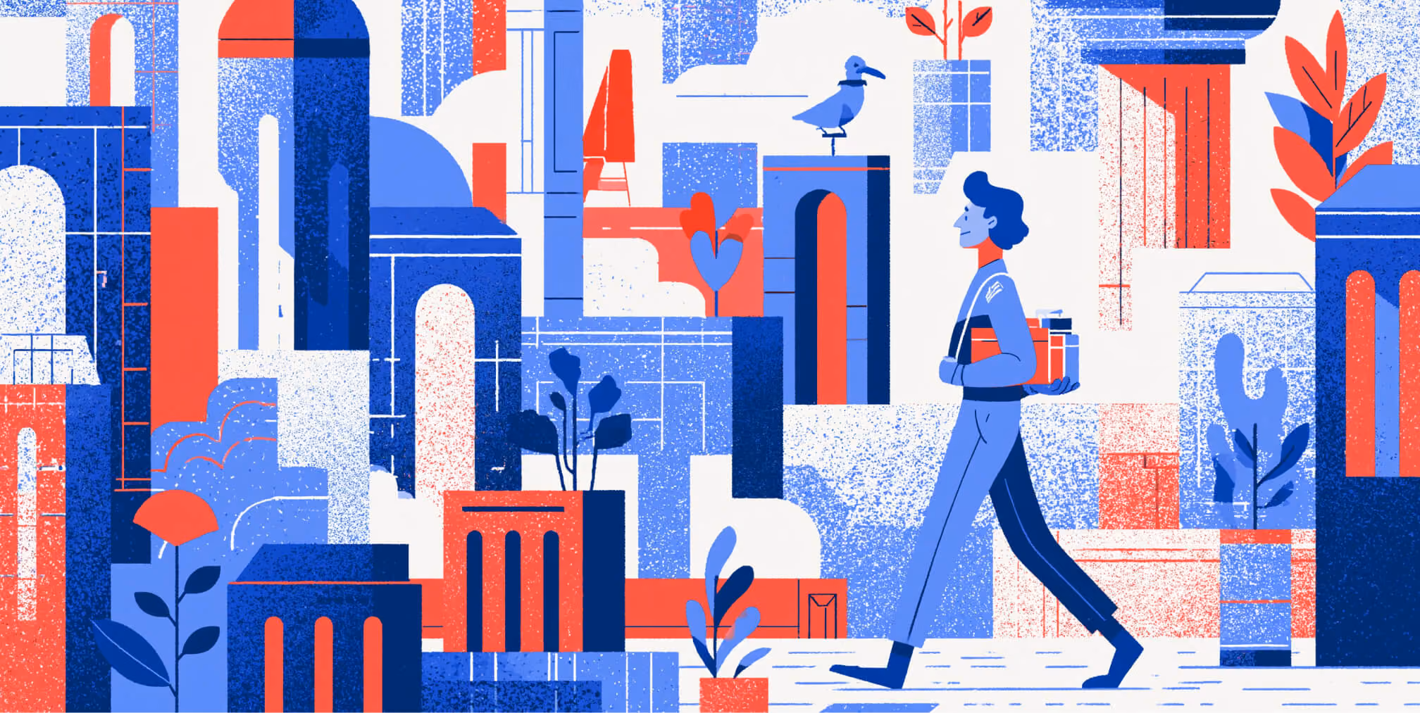 Stylized illustration of a professional navigating a structured urban landscape, symbolizing pragmatic marketing’s focus on real-world customer needs, practical decision-making, and measurable business outcomes.