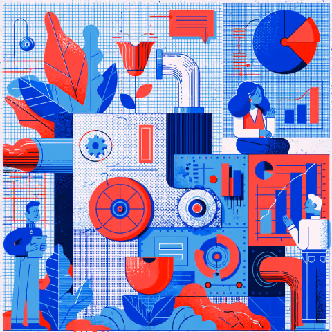 Conceptual machine powered by charts, analytics, and collaboration, representing the systematic process of turning customer insights and market data into revenue-generating marketing strategies.