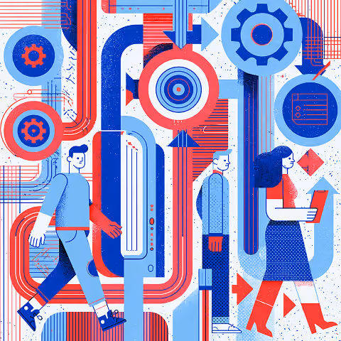 People moving through an interconnected network of pathways, gears, and targets, illustrating how pragmatic marketing aligns teams, products, and customer needs through structured processes and clear objectives.