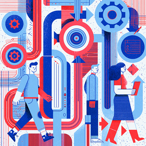 People moving through an interconnected network of pathways, gears, and targets, illustrating how pragmatic marketing aligns teams, products, and customer needs through structured processes and clear objectives.