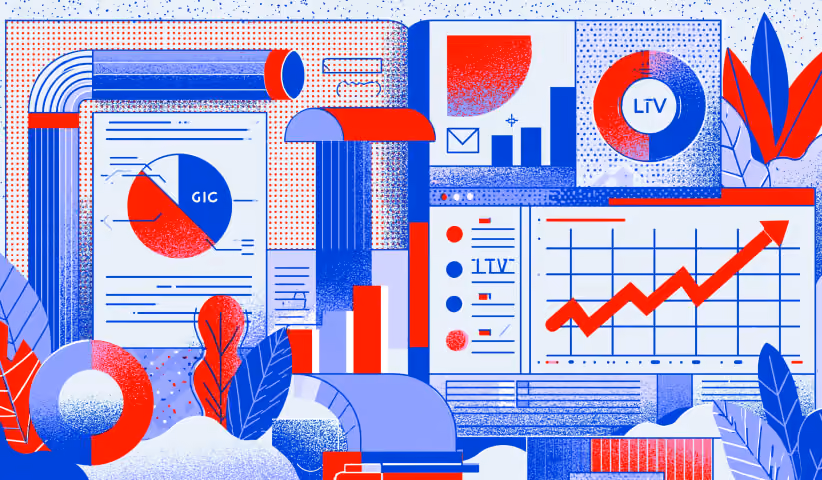 Dashboard-focused illustration showing growth charts, performance metrics, and market indicators, emphasizing the pragmatic marketing principle of tracking results and optimizing based on data.