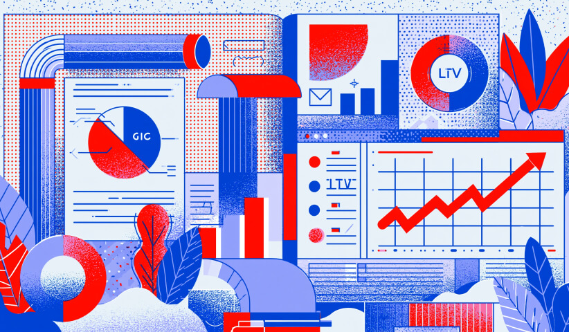 Dashboard-focused illustration showing growth charts, performance metrics, and market indicators, emphasizing the pragmatic marketing principle of tracking results and optimizing based on data.