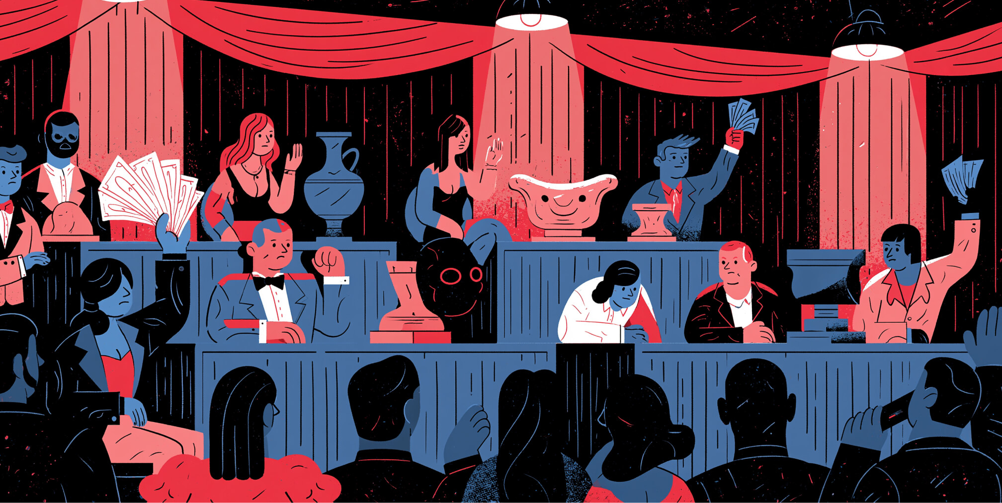Stylized illustration of an auction-style advertising marketplace where bidders compete for attention, symbolizing the real-time auctions, budget competition, and strategic decision-making behind modern paid advertising.
