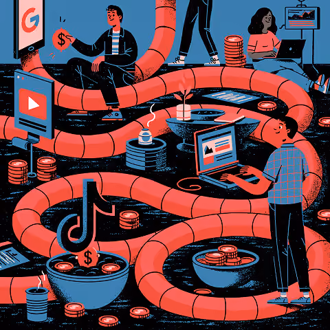 Interconnected digital platforms linked by flowing pipelines and coins, representing multi-channel paid advertising strategies that distribute budgets across search, social media, and video platforms.