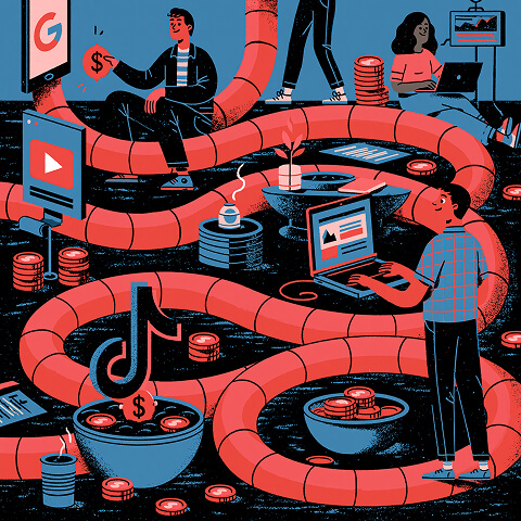 Interconnected digital platforms linked by flowing pipelines and coins, representing multi-channel paid advertising strategies that distribute budgets across search, social media, and video platforms.