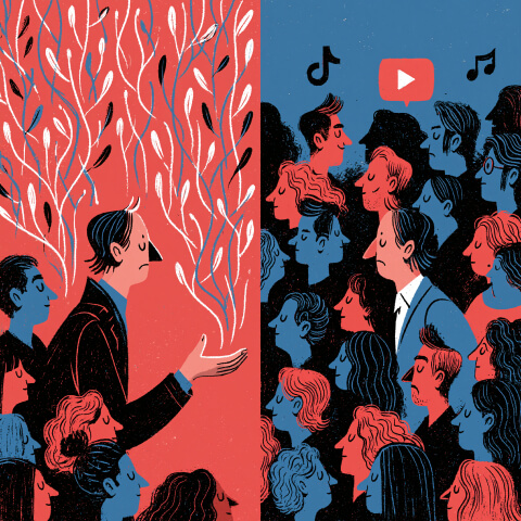 Speaker addressing two contrasting audiences divided by social media and video platforms, highlighting the importance of audience segmentation and tailoring messages for different advertising channels.