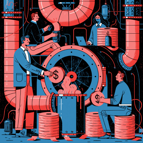 Team operating a large machine that converts investments into revenue, illustrating how paid advertising transforms marketing budgets into measurable business growth through coordinated strategy and optimization.