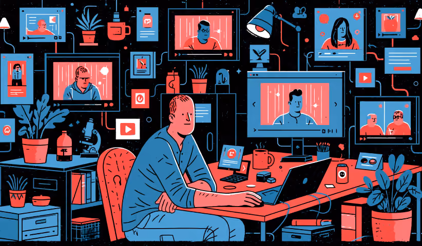 Content creator surrounded by multiple screens displaying videos and social media content, representing creative production and cross-platform advertising campaigns designed to engage targeted audiences.