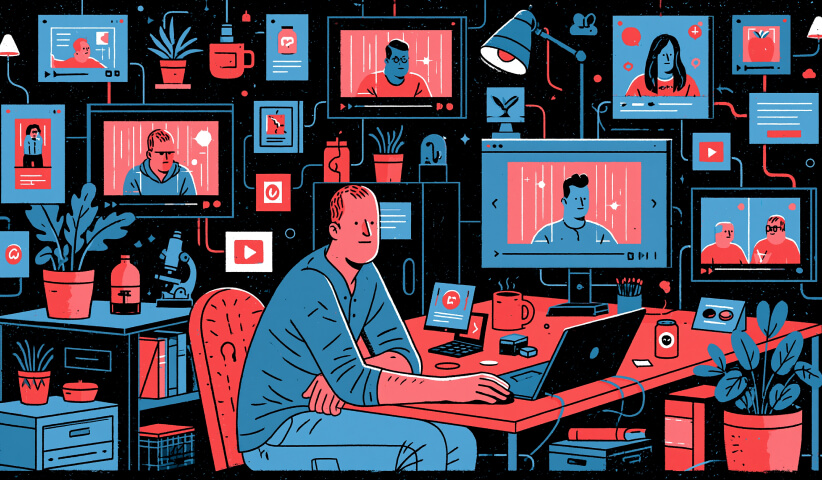 Content creator surrounded by multiple screens displaying videos and social media content, representing creative production and cross-platform advertising campaigns designed to engage targeted audiences.