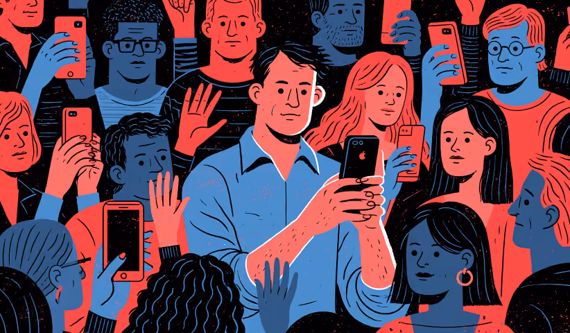Crowd of consumers interacting with smartphones and digital content, symbolizing audience engagement, mobile-first advertising, and the importance of reaching users where they spend their time.
