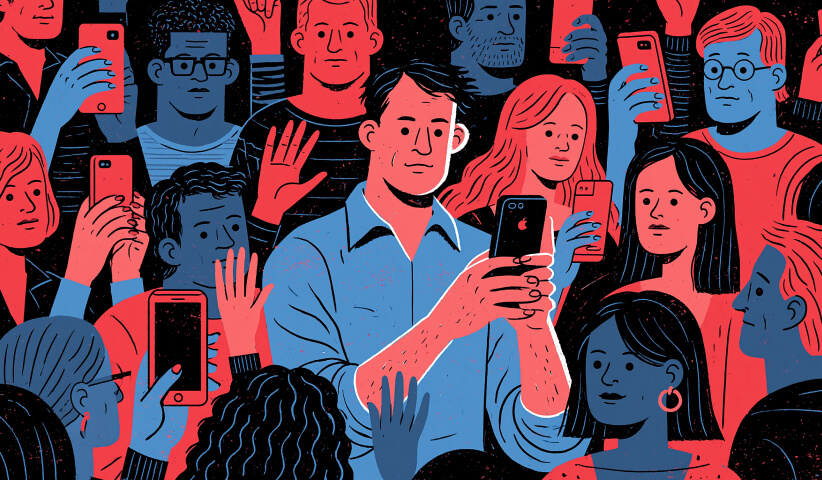 Crowd of consumers interacting with smartphones and digital content, symbolizing audience engagement, mobile-first advertising, and the importance of reaching users where they spend their time.