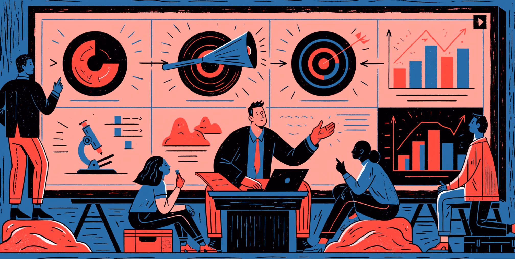 Marketing team presenting campaign dashboards, audience targeting, and performance analytics, representing data-driven strategy, experimentation, and ongoing optimization across the advertising funnel.