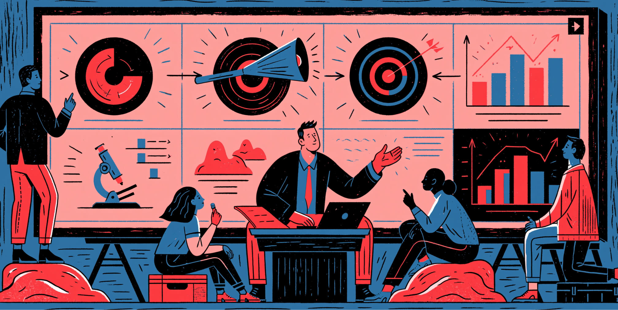 Marketing team presenting campaign dashboards, audience targeting, and performance analytics, representing data-driven strategy, experimentation, and ongoing optimization across the advertising funnel.
