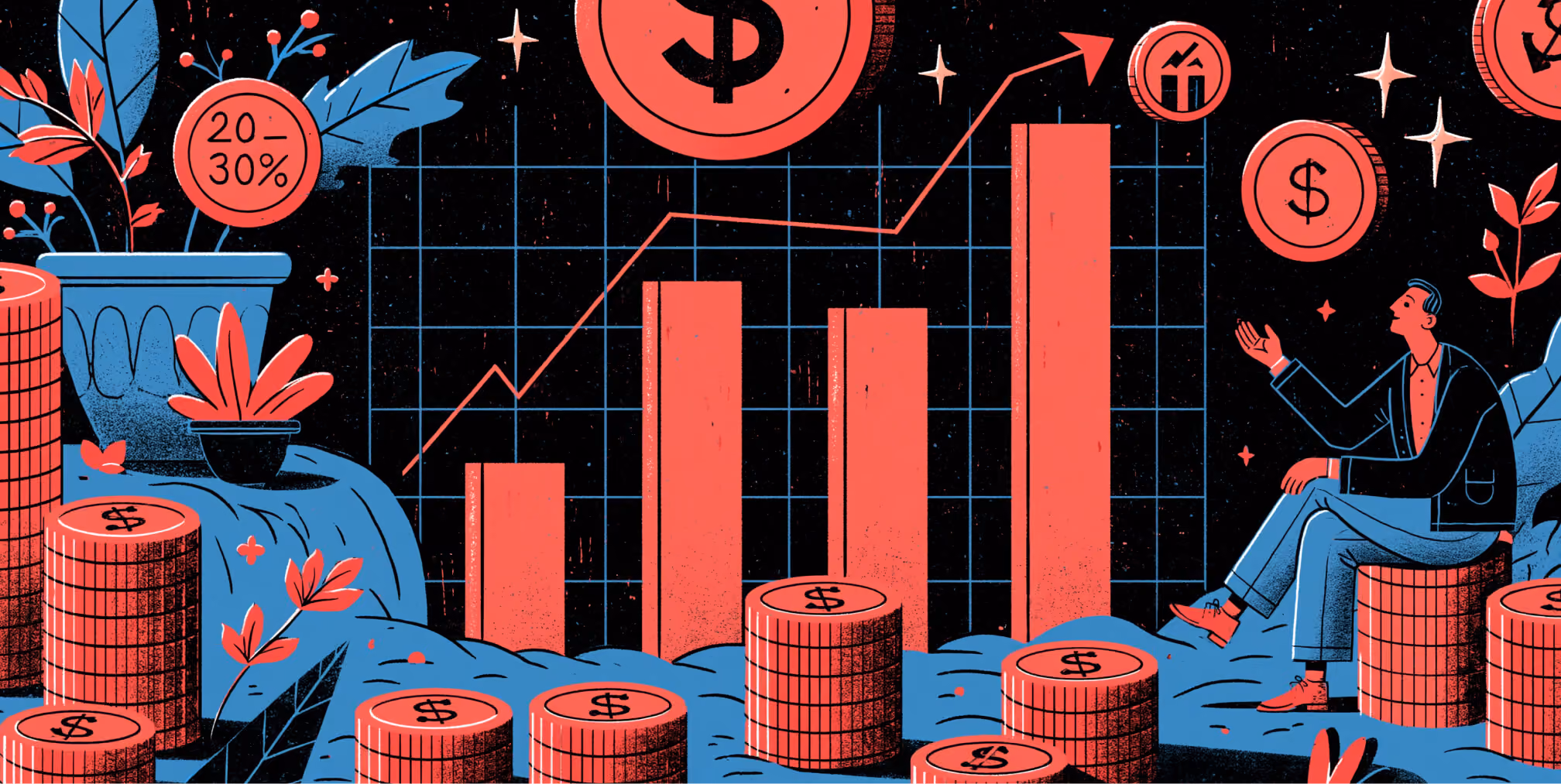 Business growth illustrated through rising performance charts, revenue metrics, and financial symbols, emphasizing the long-term value of strategic paid advertising and sustained return on ad spend.