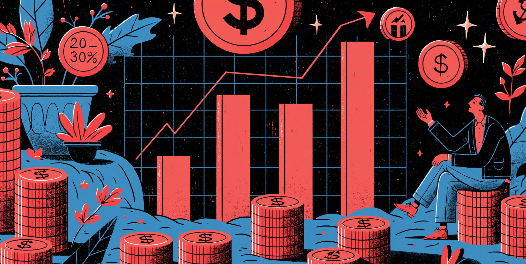 Business growth illustrated through rising performance charts, revenue metrics, and financial symbols, emphasizing the long-term value of strategic paid advertising and sustained return on ad spend.