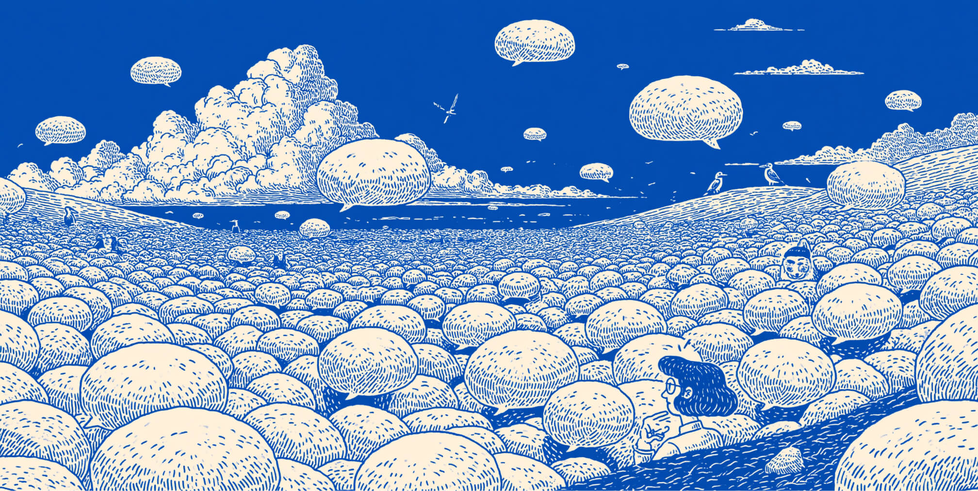 Conceptual illustration of a landscape filled with floating search queries and conversation bubbles, symbolizing the vast ecosystem of user intent that paid search campaigns compete to capture at the exact moment people are looking for solutions.
