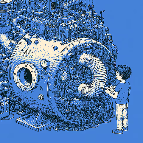 Person inspecting a highly complex search engine machine, representing the intricate mechanics behind paid search advertising, including auctions, algorithms, bidding strategies, and campaign optimization.