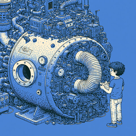 Person inspecting a highly complex search engine machine, representing the intricate mechanics behind paid search advertising, including auctions, algorithms, bidding strategies, and campaign optimization.