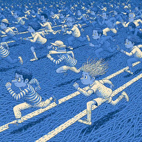 Crowd racing along search pathways toward different destinations, symbolizing intense competition for search visibility, rankings, and capturing high-intent users before competitors.