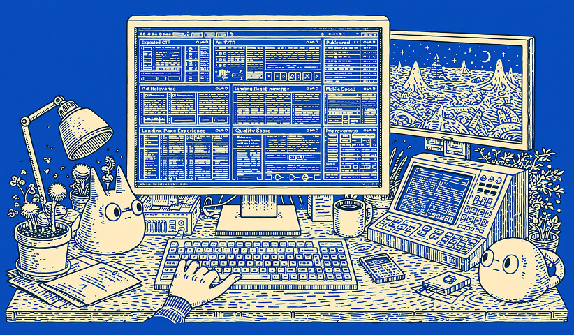 Desktop workspace displaying detailed SEM performance dashboards and optimization metrics, representing continuous monitoring of campaigns, conversion tracking, Quality Score, and bid management.